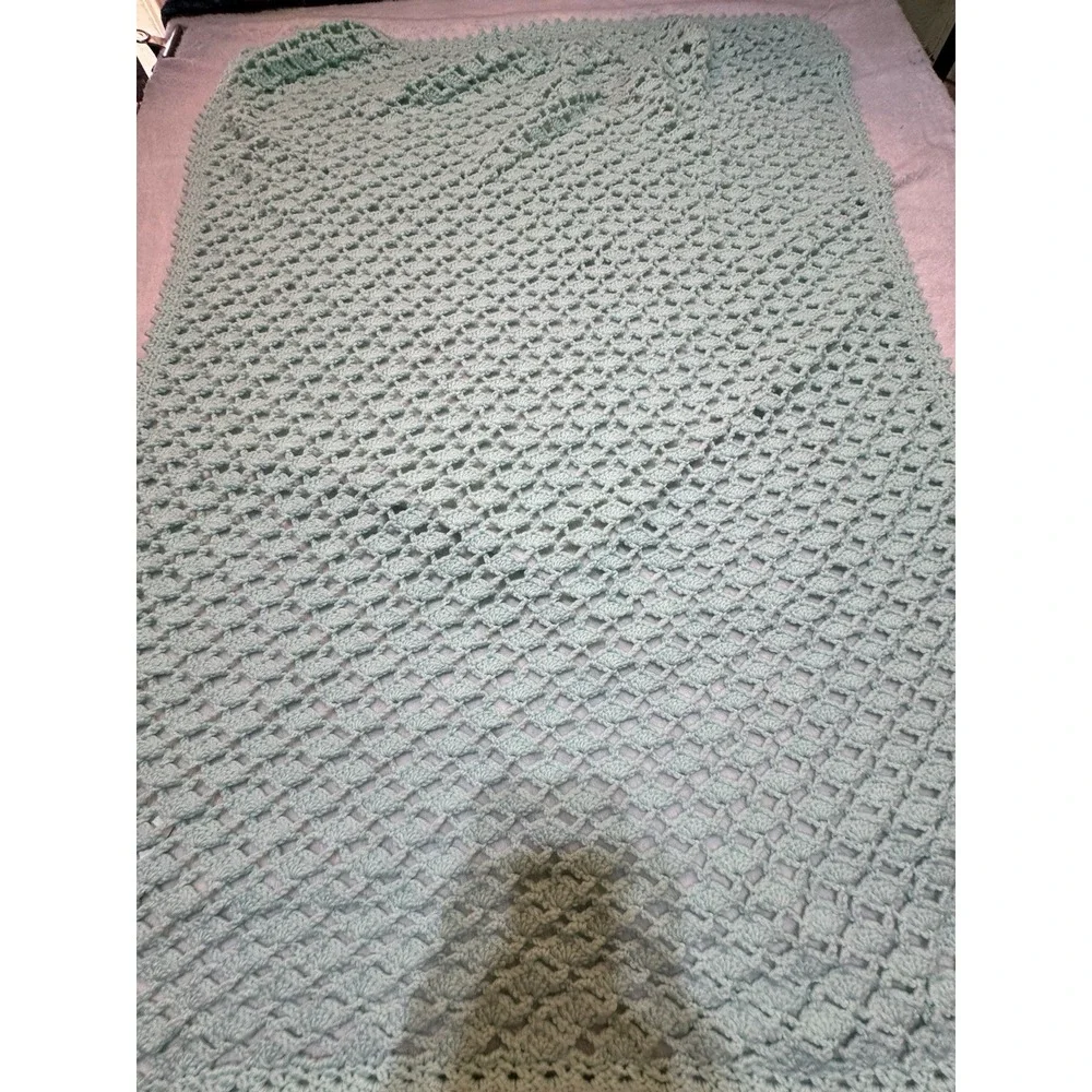 Vintage Aqua Hand Crocheted Soft Knitted Baby Blanket Throw Afghan Unisex 34x44